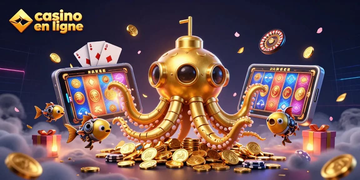 Jouez sur un casino en ligne dynamique avec un kraken doré, des pièces et des jeux d'argent.
