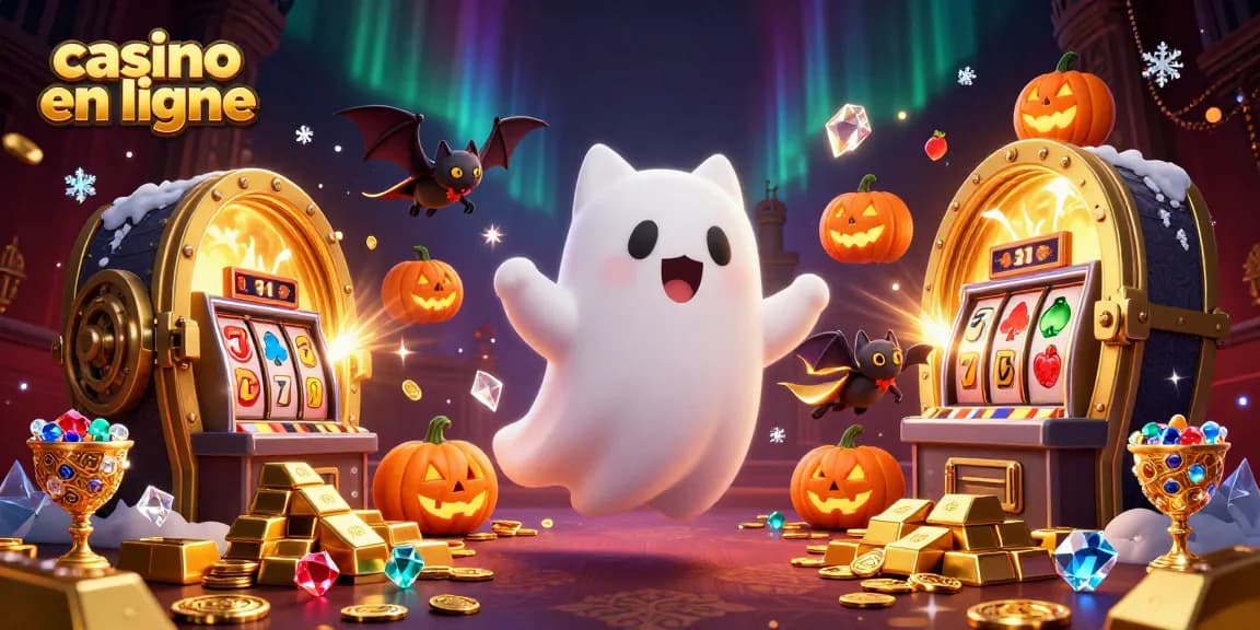 Découvrez les jeux du casino en ligne dans un cadre vivant et énigmatique avec un chat fantôme et une chauve-souris.