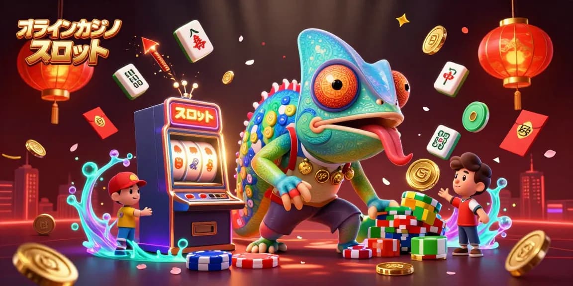 オンラインカジノ スロットで勝つために、スロットマシンの前で見守るカメレオンのイラスト。
