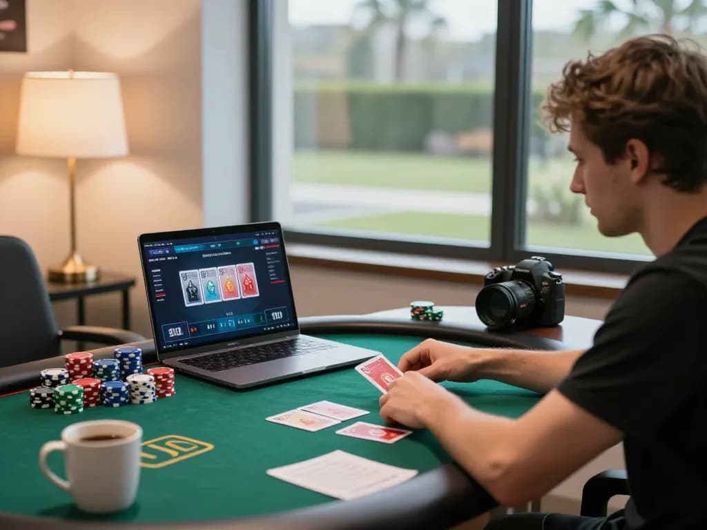 Play poker online at w188 with an engaging gaming setup, showcasing strategy and concentration in a warm atmosphere