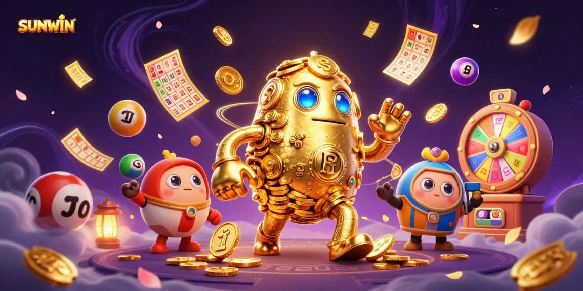 SUNWIN showcases a dazzling 3D illustration of a golden golem surrounded by vibrant casino elements, capturing the excitement of gaming.