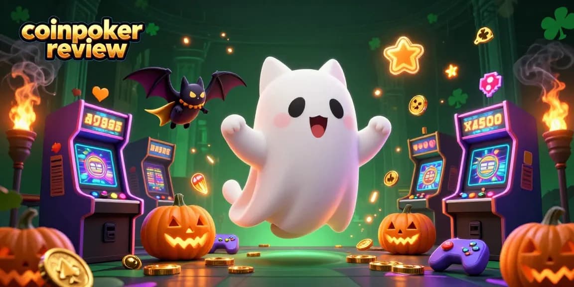 Giocare su CoinPoker: fantastica illustrazione di un gatto fantasma e un pipistrello in un casinò.
