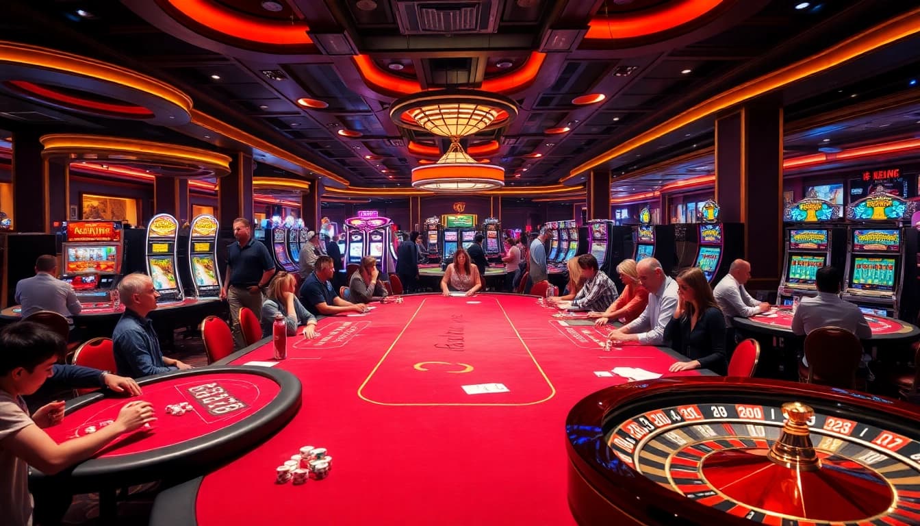 Players enjoying a high-stakes game at 79king casino with vibrant slots and roulette.