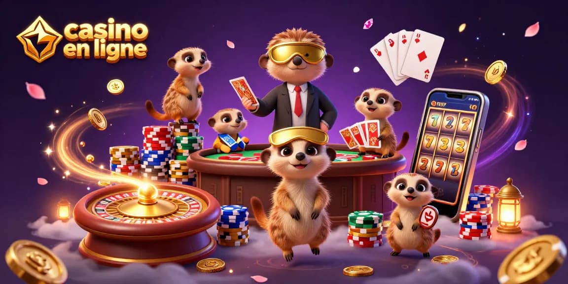 Retrouvez l'excitation du casino en ligne avec des suricates gérant des jeux, entourés de pièces d'or et de jetons colorés.