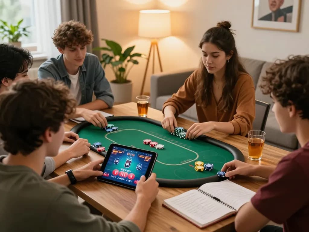 DOLA88 players enjoying an online poker game at home with strategic notes and lively atmosphere