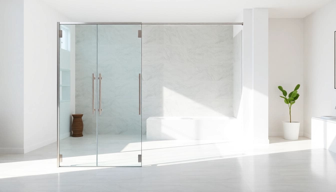 Elegant display of glass shower doors enhancing a modern bathroom design with seamless style.