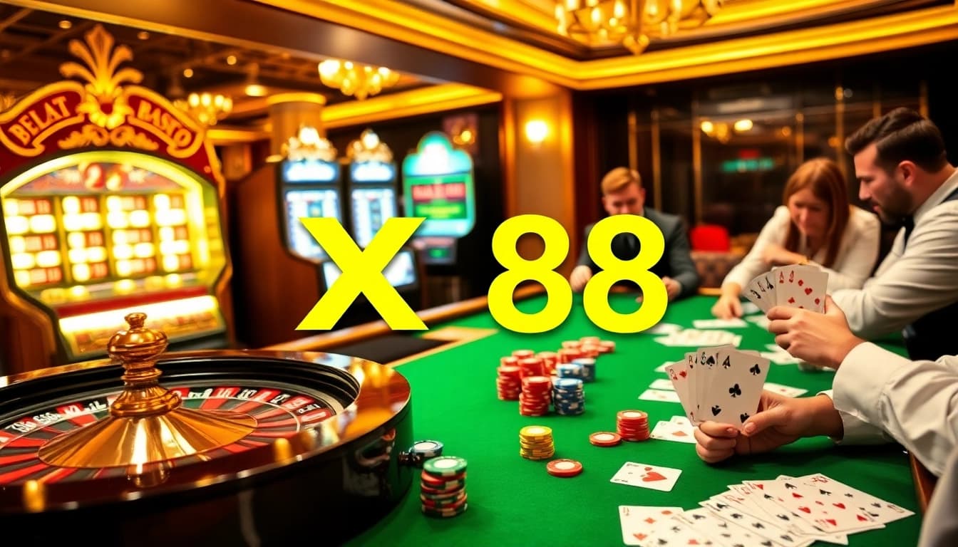 A thrilling casino scene showcasing players at a gaming table and roulette wheel featuring X 88 chips in action.