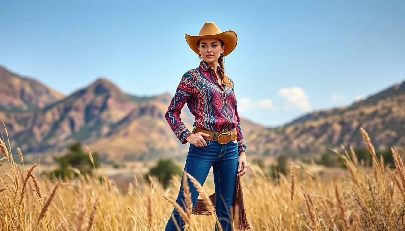 Model showcasing Aztec Print Western Wear against a scenic outdoor backdrop.