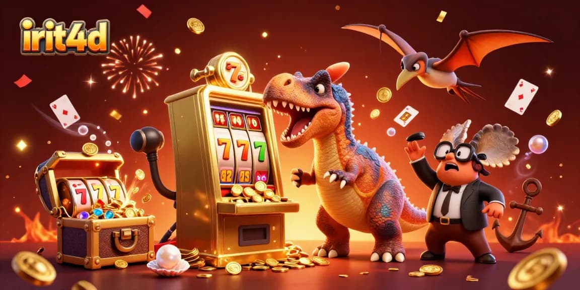 irit4d showcases a thrilling casino scene with a dinosaur headbutting a slot machine for a jackpot.
