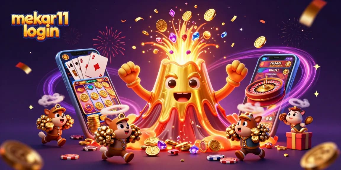 Engage with mekar11 login as the golden volcano erupts coins, showcasing thrilling slot games.