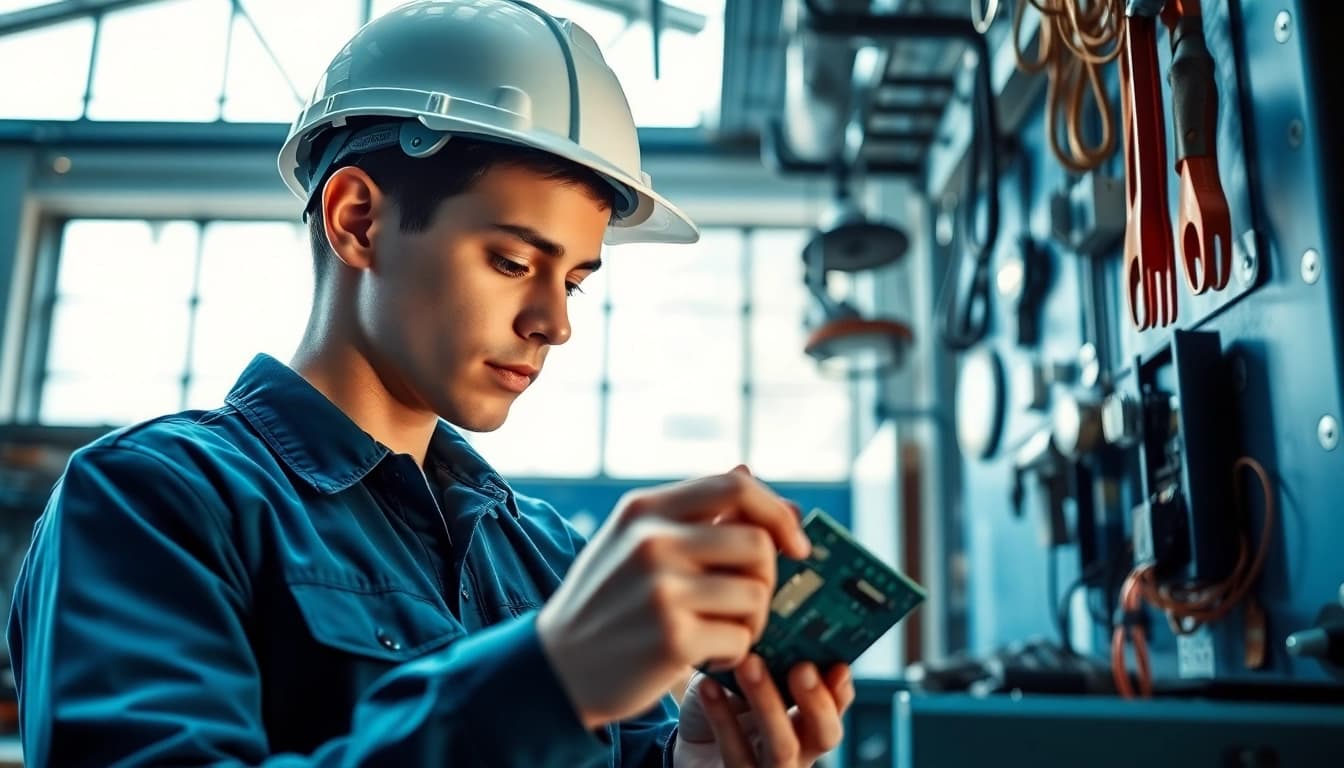 Electrician apprenticeship: Young professional apprentice focusing on circuit board in a well-lit workshop.