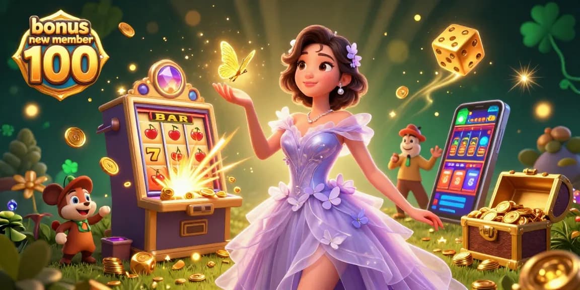 Engage with bonus new member 100 in a vibrant casino scene featuring 3D slot machines and golden treasures.