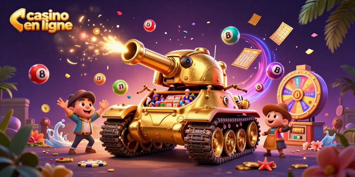Plongez dans l'animation d'un casino en ligne avec un tank à scarabée doré et des éléments de loterie colorés.