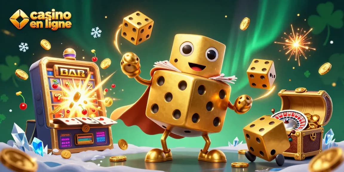Jouer sur casino en ligne avec un golem de dés dorés, machines à sous éclatantes et symboles chanceux.