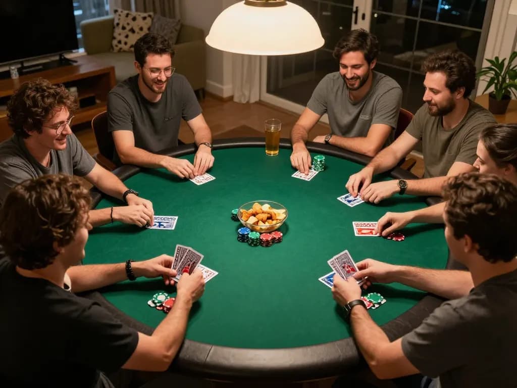 Players enjoying a lively home poker night, showcasing excitement and strategy in gameplay, enhancing the vidyasewingmachine experience.