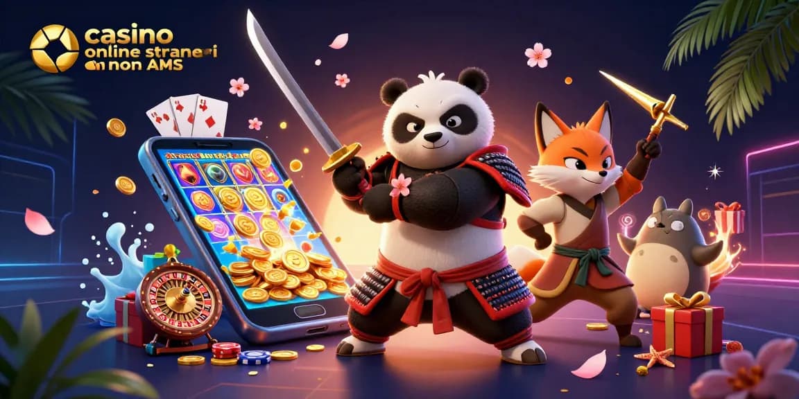 Immagine che presenta il casino online stranieri non AAMS con panda samurai e volpe ninja tra elementi di gioco.