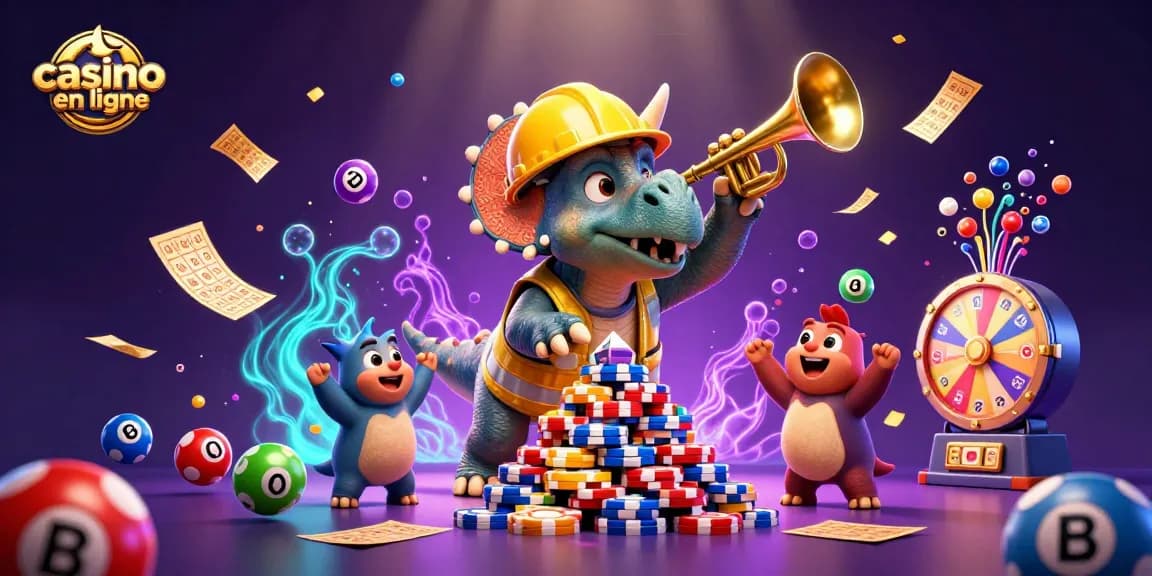 Jouez au casino en ligne avec un triceratops et ses amis célébrant un jackpot de jetons.
