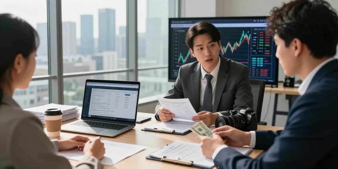 Consultation on deposit 5000 in a modern office setting, showcasing financial documents and banking software.