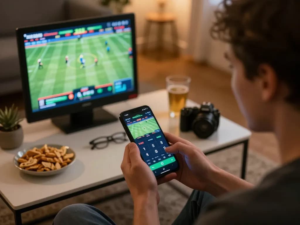 Engaged bettor using sbobet app to place a live sports wager at home, capturing the excitement of online gaming.