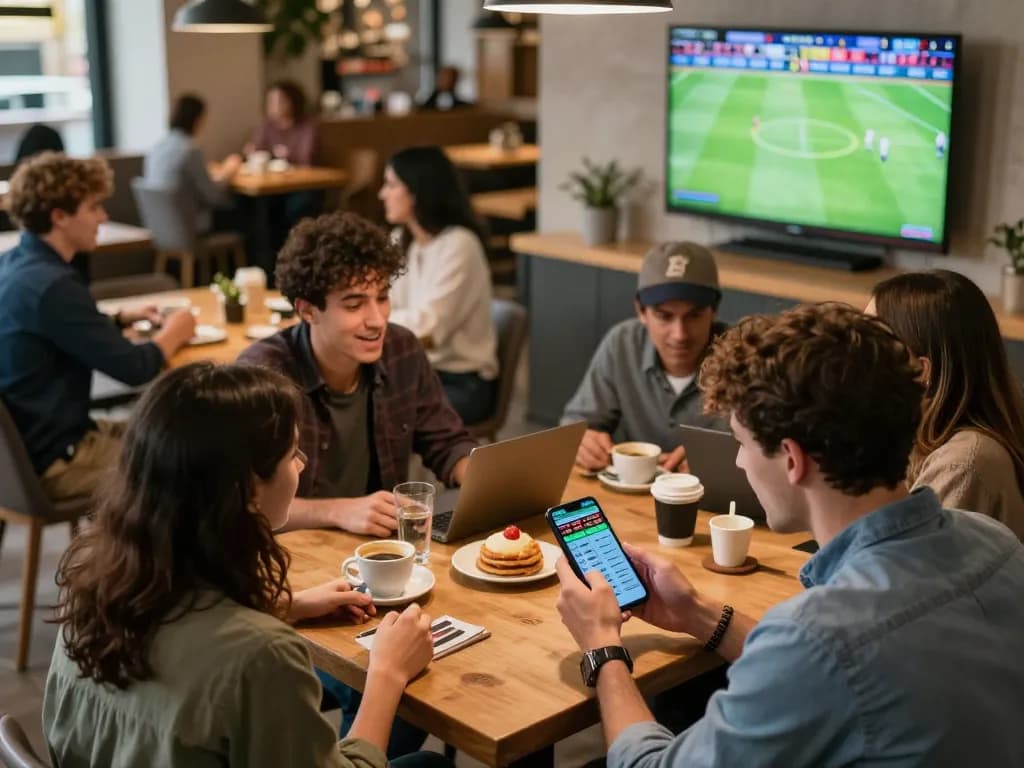 Engaged individuals enjoying sports betting on their mobile app at a trendy café, highlighting the excitement of trang cá cược bóng đá uy tín.