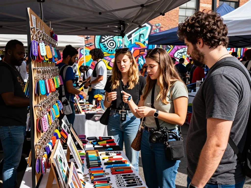 Creative marketplace displaying custom key chains with artisans showcasing unique designs.