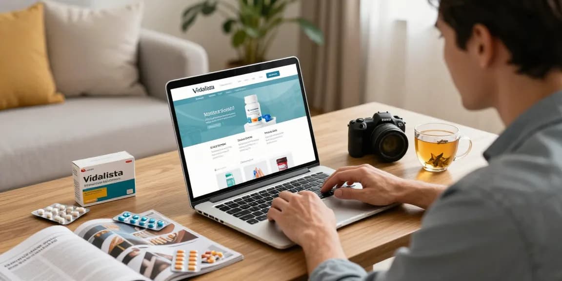 Man shopping for Vidalista online, examining discreet packaging in a cozy home setting.