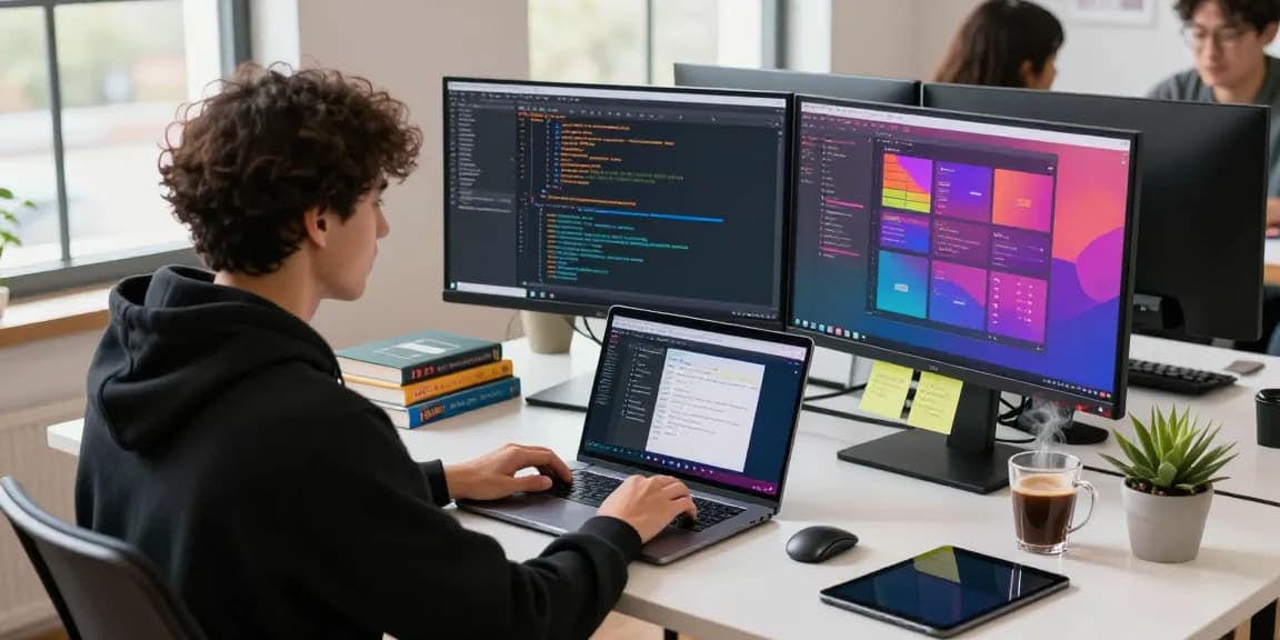 Developer coding in a vibrant workspace while showcasing WhatsApp下載 compatibility across devices.