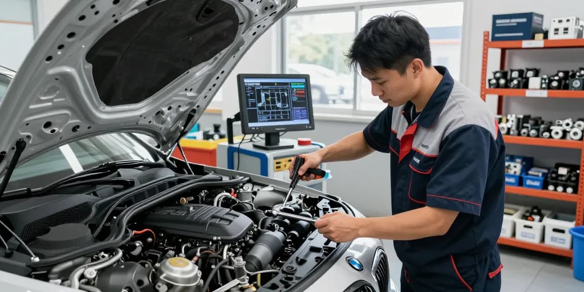 Professioneller BMW Werkstatt Hannover mit Mechaniker, der Motor inspiziert.