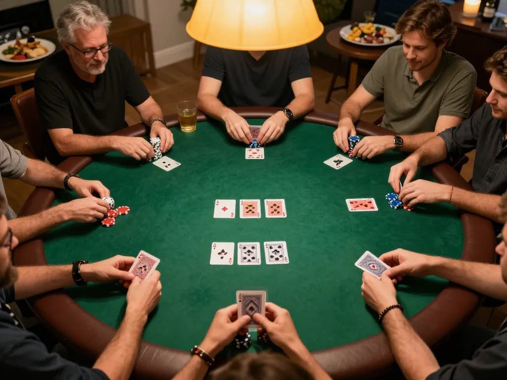 Players enjoying a vibrant poker game at home, showcasing VIPWIN gaming experience with lively atmosphere.