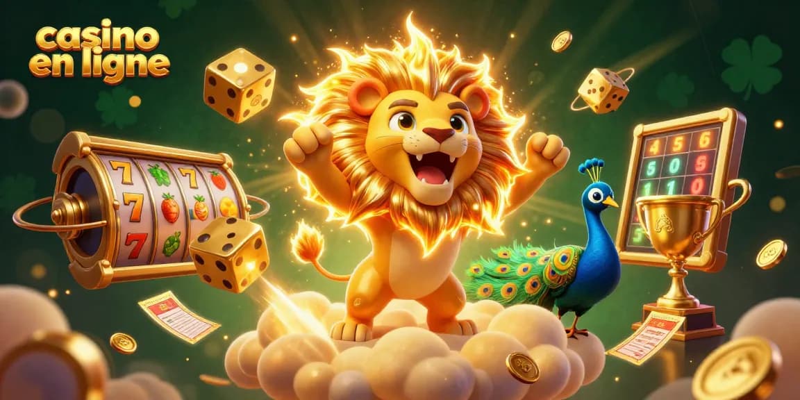 Gagnez au casino en ligne avec ce lion triomphant entouré de dés dorés, de rouleaux chanceux et de trophées.
