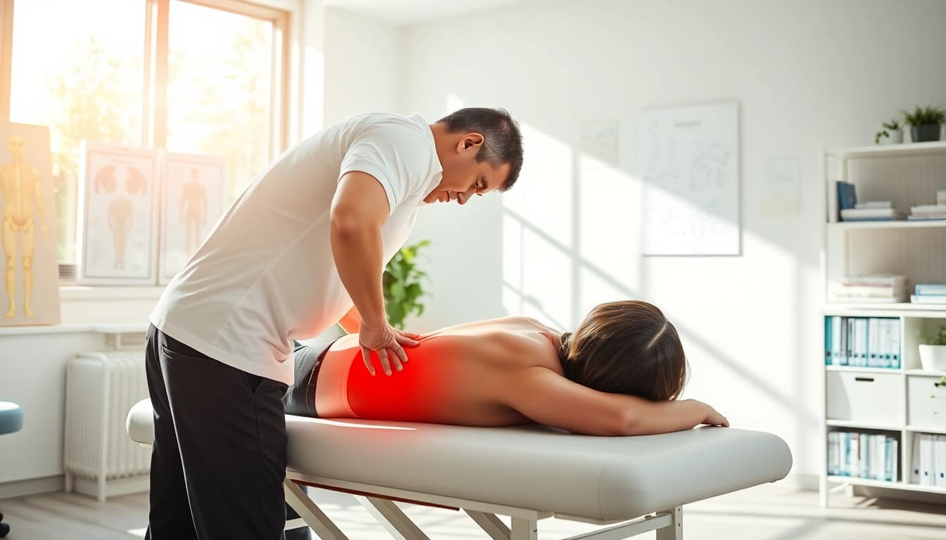 Back pain treatment in a soothing clinic atmosphere with a chiropractor assisting a patient.