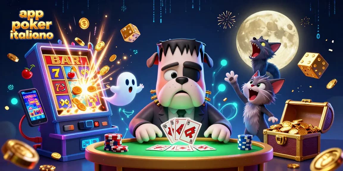 Gioca alle app poker italiane in un'illustrazione 3D vivace con un cane Frankenstein e una luna d'oro.