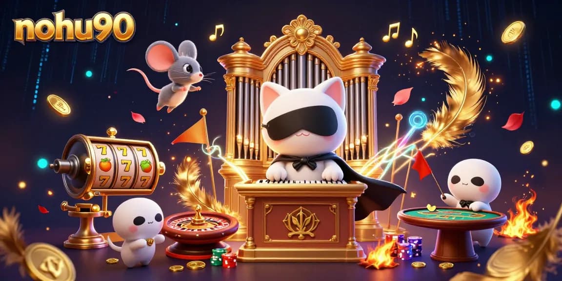 Engage in thrilling gameplay at nohu90, featuring an enchanting casino scene with dynamic slot reels and acrobatic characters.