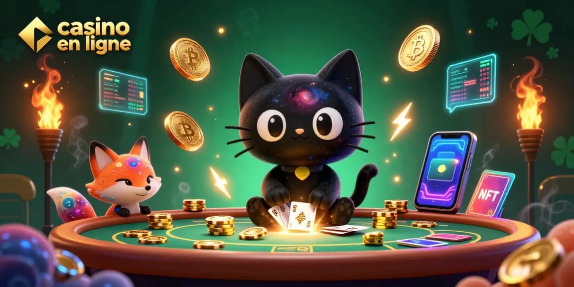Jetons et cartes attirés par un chat noir de casino en ligne gravitationnel dans une illustration dynamique.