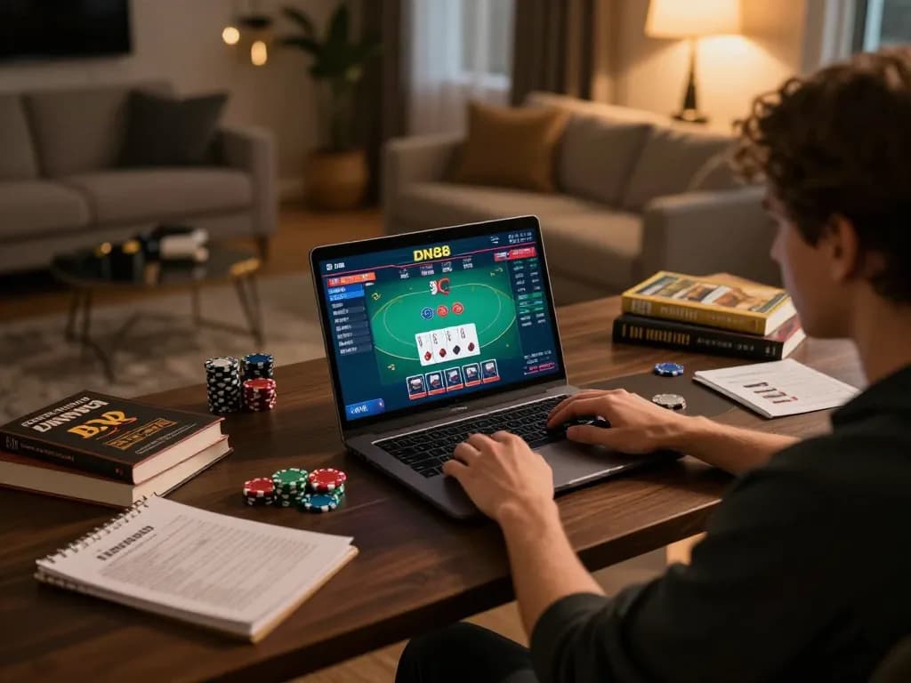 Player engaging in an online casino experience on DN88 platform with poker game interface visible