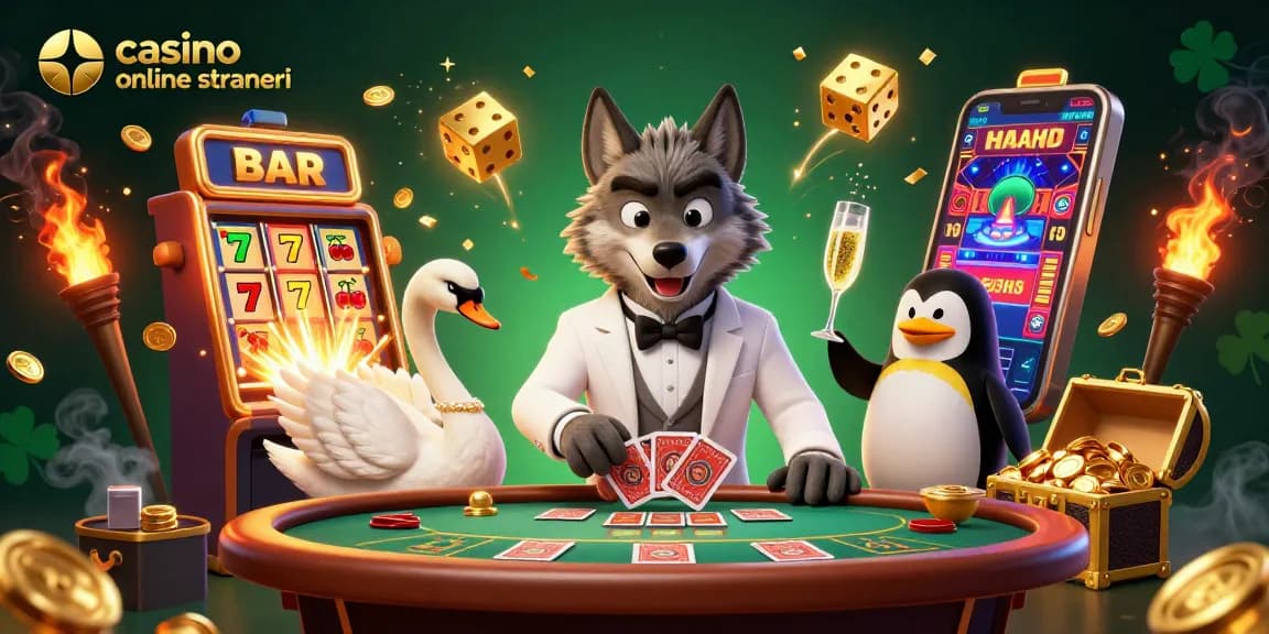 Casino online stranieri: gioca con un lupo elegante al tavolo di baccarat con un cigno e un pinguino sommelier