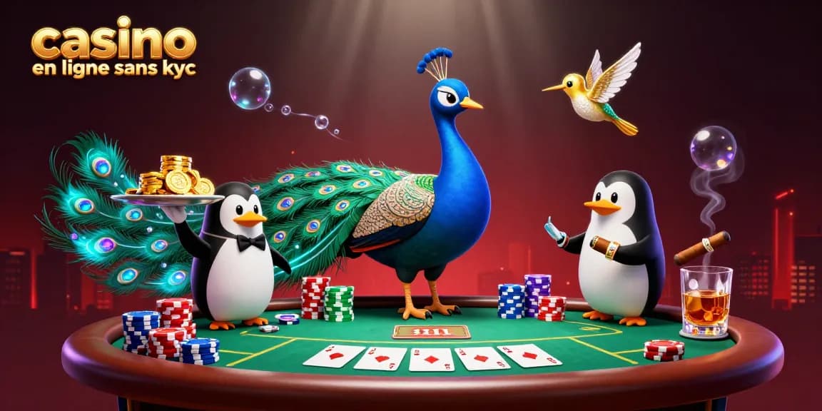 Profitez d'une expérience de jeu avec un casino en ligne sans KYC, illustré par des personnages animés et des éléments de jeu captivants.