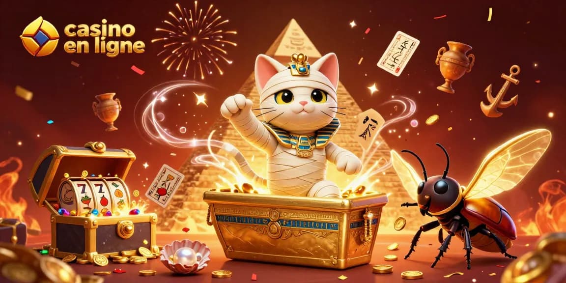 Plongez dans l'univers du casino en ligne avec un chat momie captivant et des trésors scintillants.