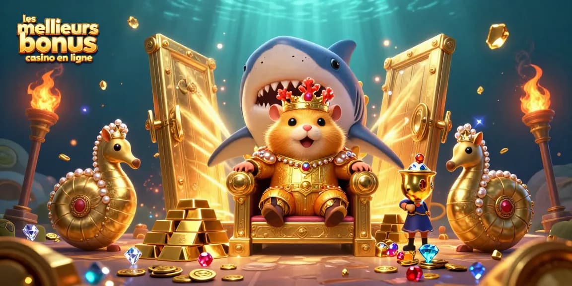 Découvrez les meilleurs bonus casino en ligne avec le roi hamster en or entouré de trésors scintillants.