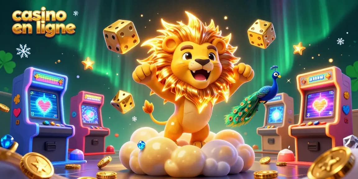 Plongez dans l'univers des casinos en ligne avec ce lion radieux et des dés dorés, entourés de machines à sous colorées.