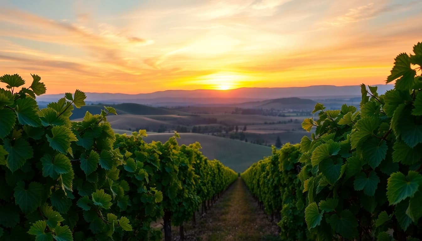 Scenic vineyard view in Clarksburg California during sunset creating a peaceful atmosphere.