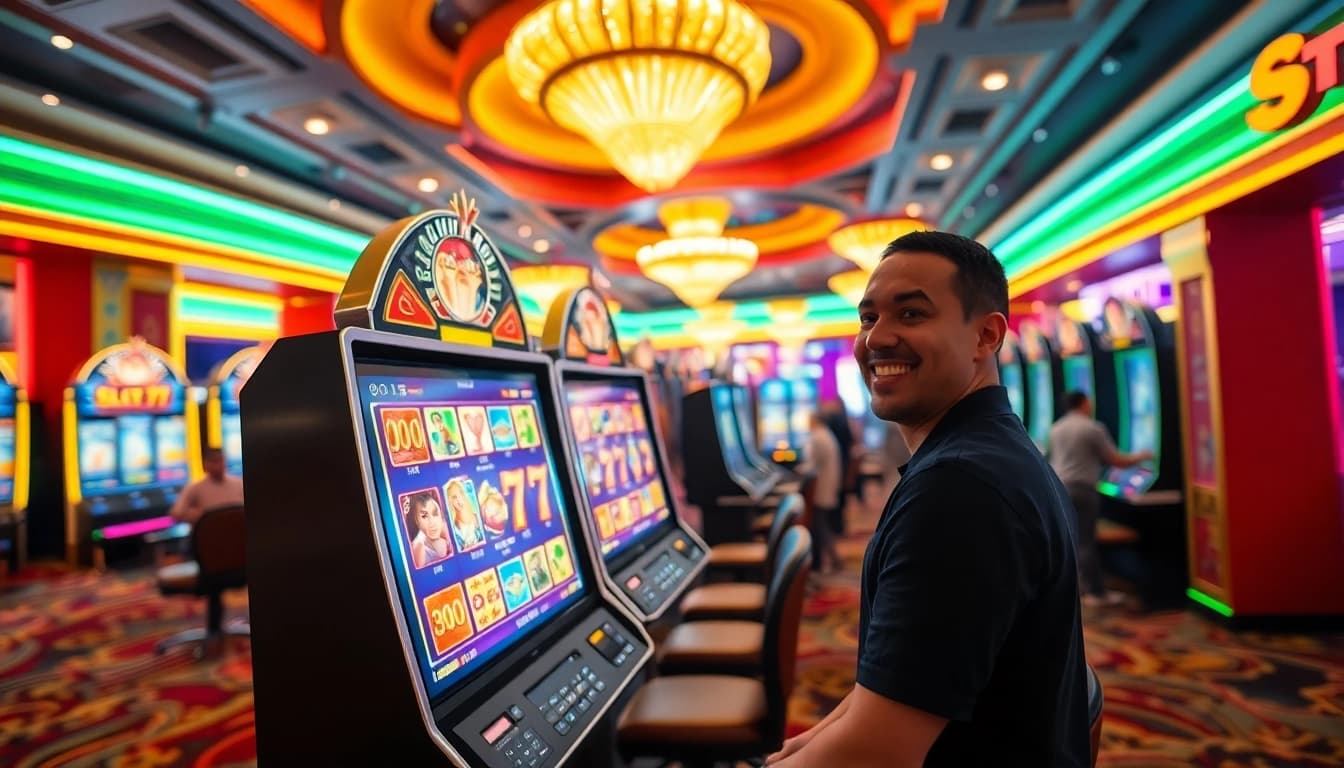 Main Slot77 machine attracting players with excitement and vibrant colors in a busy casino.