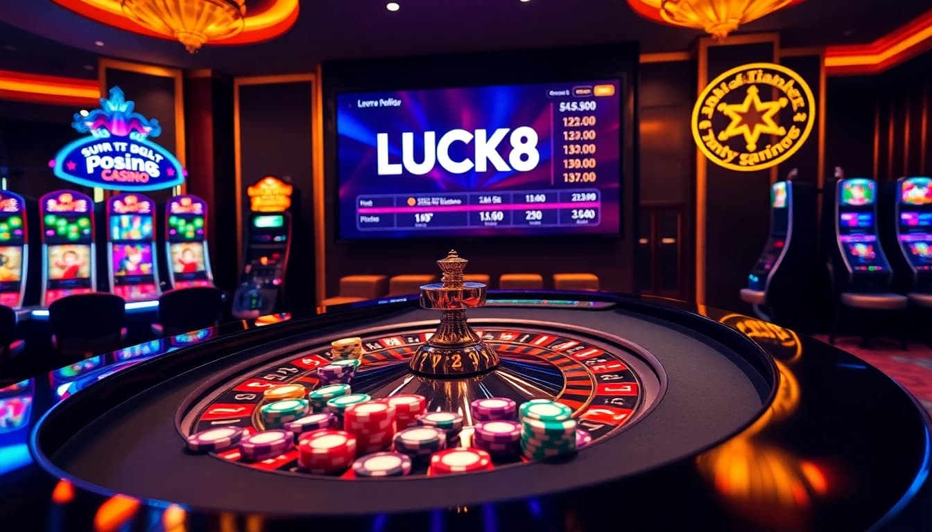 LUCK8 interface displaying exciting online gambling actions at a luxurious casino.