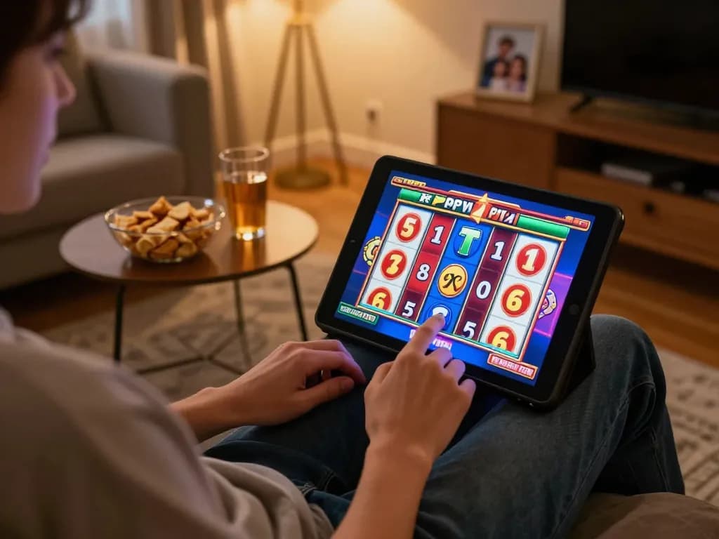 Engaging in situs slot gacor gameplay on a tablet, showcasing a cozy home gaming environment