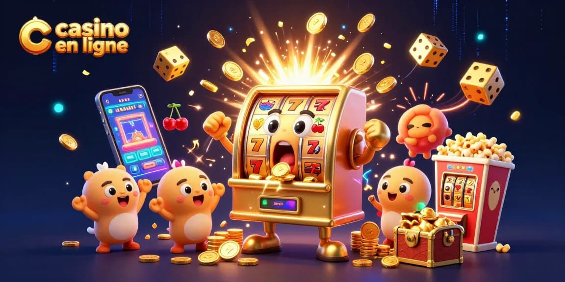 Le casino en ligne symbolisé par une machine à sous dorée célébrant un jackpot avec des pièces d'or et des symboles animés.