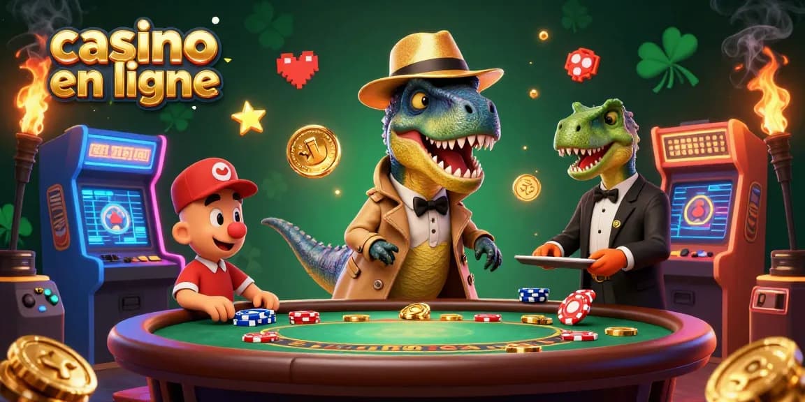 Illustration dynamique d'un casino en ligne avec un vélociraptor en train de compter les cartes et un pit boss