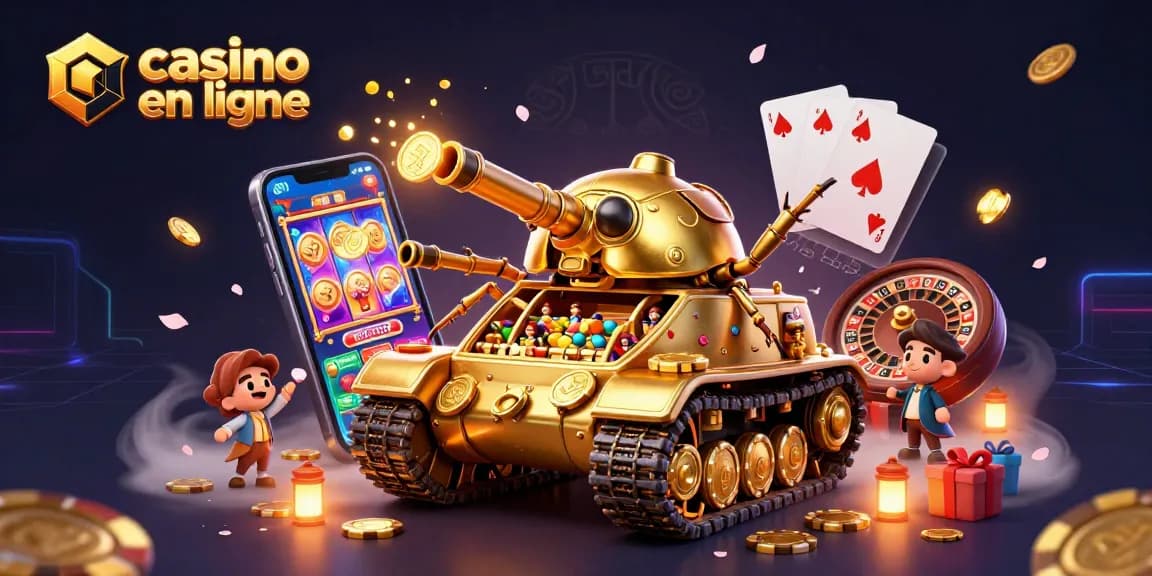 Jouez au casino en ligne avec une illustration dynamique d'un tank doré révélant un casino miniature.