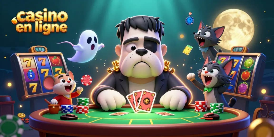Illustration animée représentant un bulldog Frankenstein au casino en ligne, distribuant des cartes sur une table de poker.