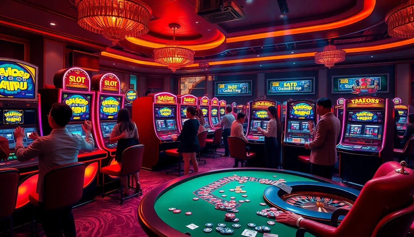 Experience the excitement at slot gacor hari ini with vibrant machines and celebratory gamblers.