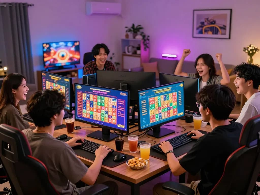 Engaging Bandar Togel online gaming scene with players cheering around colorful digital lottery interface.